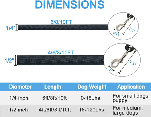 MayPaw Classic Solid Colors Dog Leash, 4FT/6FT/8FT/10FT, Strong Nylon Rope with Heavy Duty Silver Clasp, 6 Foot Black