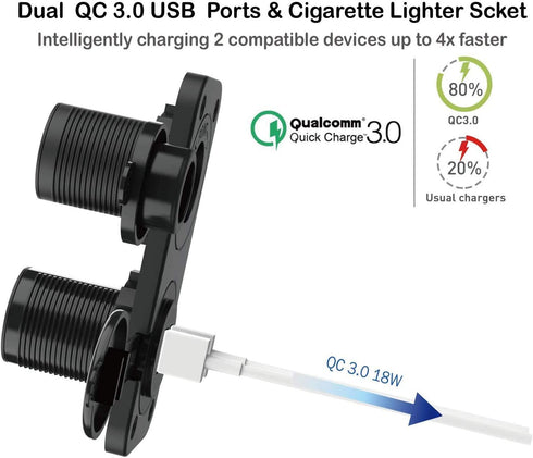 10L0L 3.0 12V Golf Cart Cigarette Lighter Outlet & Quick Charge DC Input Waterproof USB Charger Power Socket Adapter