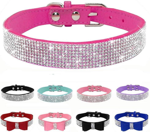 Rhinestone Dog Collar, Cute Dazzling Soft Suede Leather Collar with Crystal Diamonds for Dogs and Cats