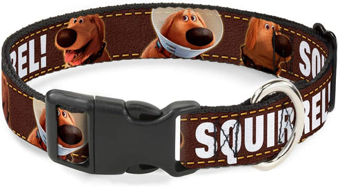 Buckle-Down Plastic Clip Collar - Dug 3-Poses/SQUIRREL! - Brown/Yellow/White, 1" Wide, Fits 9-15" Neck - Small