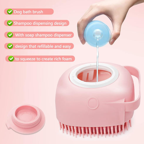 Dog Cat Bath Brush with Soap Dispenser, Soft Silicone Rubber Bristle for Short Haired Dogs and Cats Shower