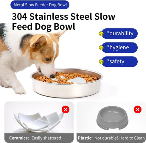 Slow Feeder Dog Bowls, 304 Stainless Steel Metal Dog Bowl Slow Feeder, Suction Cup Anti Flip Dog Food Bowl,2X Non-Slip,2-4 Cups, for Small & Medium Breed
