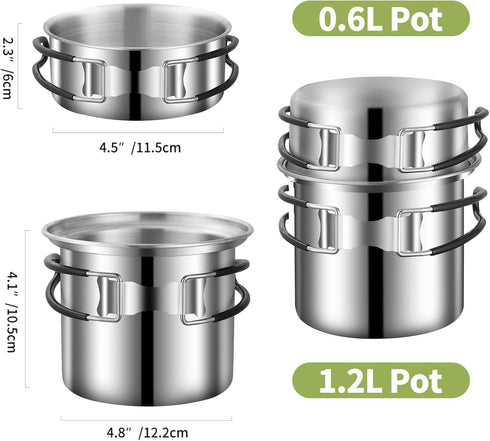 Stainless Steel Camping Cookware Mess Kit, Backpacking Cooking Set with Mini Stove for Outdoor Use