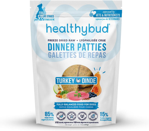 healthybud Raw Dog Food - Freeze Dried Turkey Patties, Grain Free Puppy Food, Human Grade, High Protein, Dehydrated
