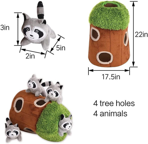 4 Glow Pups Hide and Seek Dog Toy, Interactive Plush Raccoon in Tree Burrow, Squeaky Woodland Style Dog Toys for Small