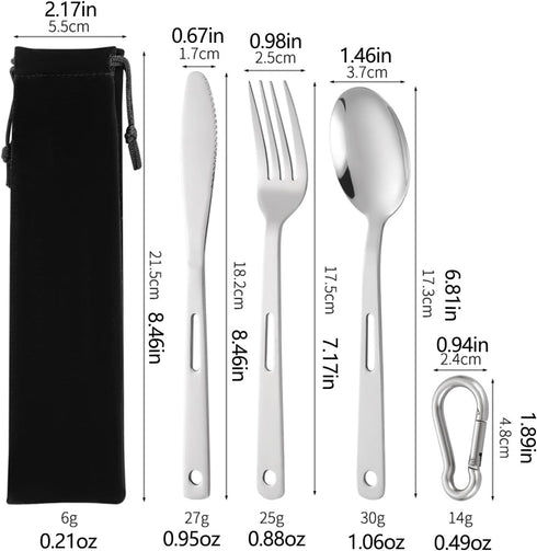 Set, 3-Piece Set Set) Stainless Steel Utensil Reusable Travel Cutlery with Storage Bag & Carabiner, Portable Stainless