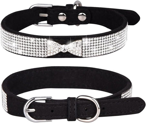Small Dog Collar Diamond Bling Girl Puppy Cat Collars Rhinestone Bowtie Female Boy Little Pet kitten Collar Animals Black XS