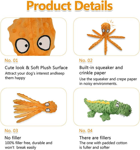 Dog Squeaky Toy Set - 2-Pack Octopus and Crocodile Design, Durable Plush Toys for Large Dogs