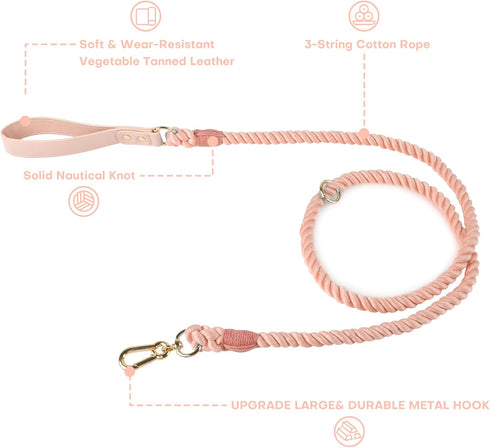 5FT Ombre Cotton Dog Leash - Heavy Duty Braided Training Leash with Comfortable PU Leather Handle for Small, Medium &