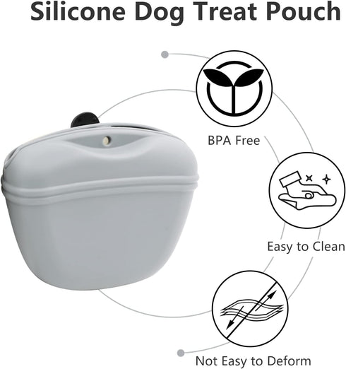 Dog Treat Training Pouch 2 Pack, Silicone Pet Treat Bag with Clip/Magnetic, BPA Free (Grey & Black)