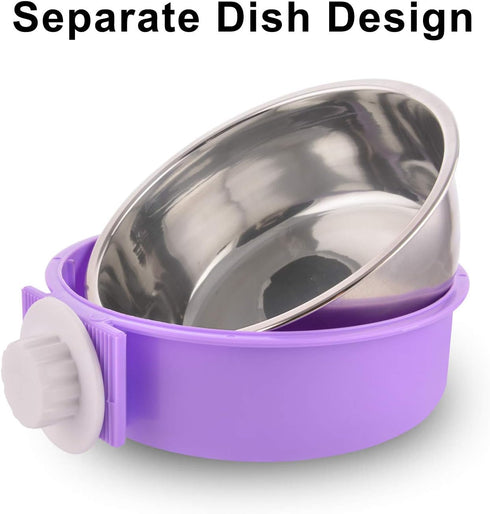 Crate Dog Bowl Removable Stainless Steel Water Food Feeder Bowls - Cage Coop Cup for Cat Puppy Bird Pets (Large, Purple)