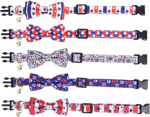 American Flag Dog Collar with Removable Bow Tie - Adjustable Patriotic 4th of July Pet Collar for Small Dogs