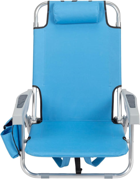 5 Backpack Folding Beach Chair, Position Portable Foldable Camping Chair with Headrest, Cup Holder, and Armrests,Blue