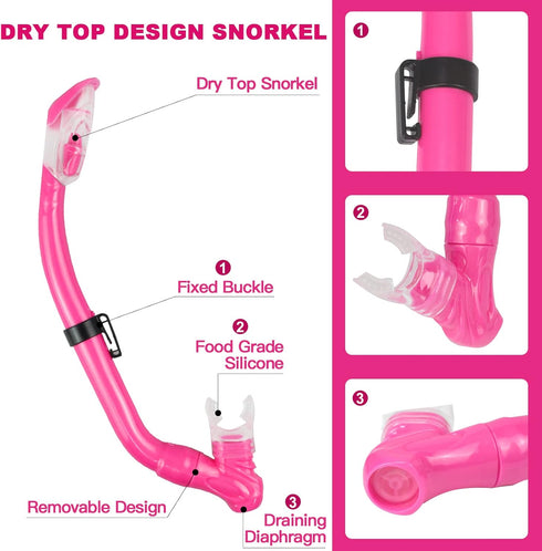 Kids Snorkeling Set with Adjustable Flippers, Panoramic Snorkel Mask, Dry Snorkel Tube, Travel Bags