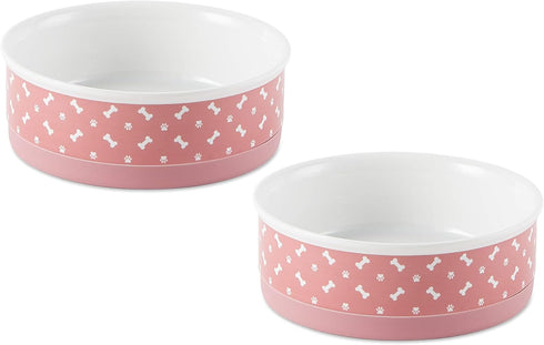Bone Dry Ceramic Pet Bowls, Microwave & Dishwasher Safe, Non-Slip Bottom for Secure Feeding, Medium Bowl Set, Rose