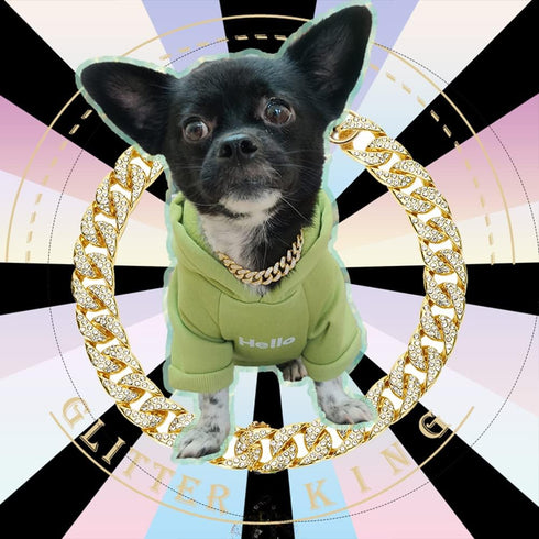 Gold Dog Collar with 14mm Cuban Link Chain, Handmade Iced Out Diamond Pet Jewelry