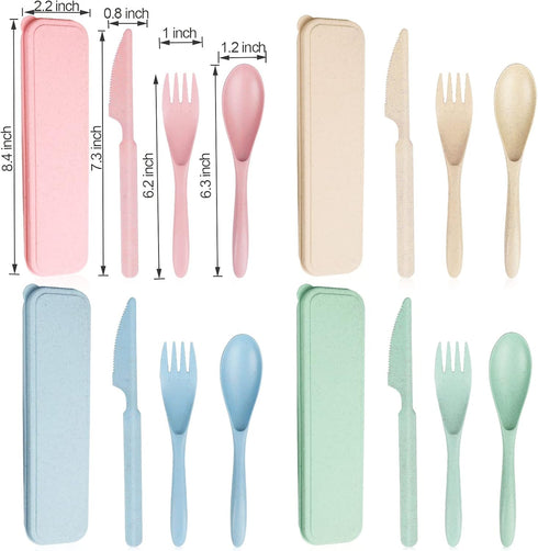 Reusable Travel Utensils Set with Case, 4 Sets Wheat Straw Portable Cutlery for Kids Adults, Eco-Friendly (Green,