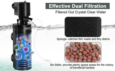 10-40 7W 100 hygger Quiet Electric Aquarium Sponge Filter Gallon Fish Tank Filter with Bio Balls Airtubing, Submersible