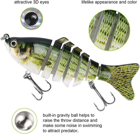 Lifelike Fishing Lures for Bass, Trout, Walleye | Realistic Multi Jointed Fish Popper Swimbaits - 3 Pack