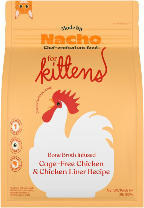 Made by Nacho Premium Dry Kibble Infused with Bone Broth, 2lb Bag Cat Food (Cage-Free Chicken and Chicken Liver)