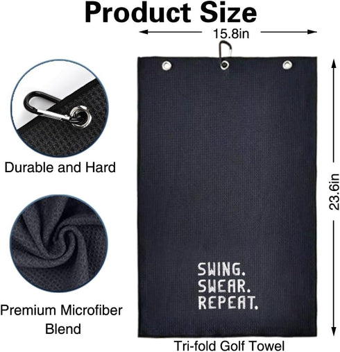Swing Swear Repeat Embroidered Golf Towel, Funny Golf Towel for Golf Bag, Birthday Retirement Gift