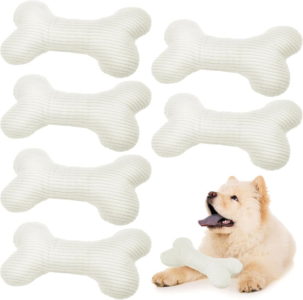 Poen 6 Pcs Bone Shaped Plush Squeaker Dog Toy, 8.27 x 4.72 Inch, Soft Calming Interactive Fetch Toy, White