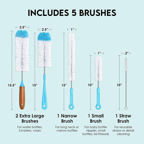 Turbo Microfiber Bottle Brush Cleaner Pack - Set of 5 for Baby Bottles, Tumblers, Wine Decanters, Flask, Bong