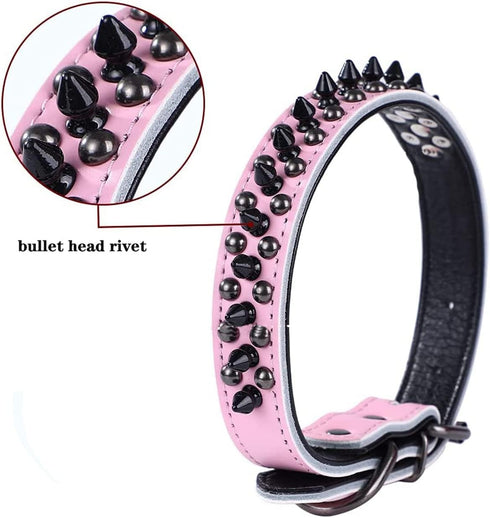 Adjustable Genuine Leather Spiked Studded Dog Collars for Small Medium Large Pets, Black (M)