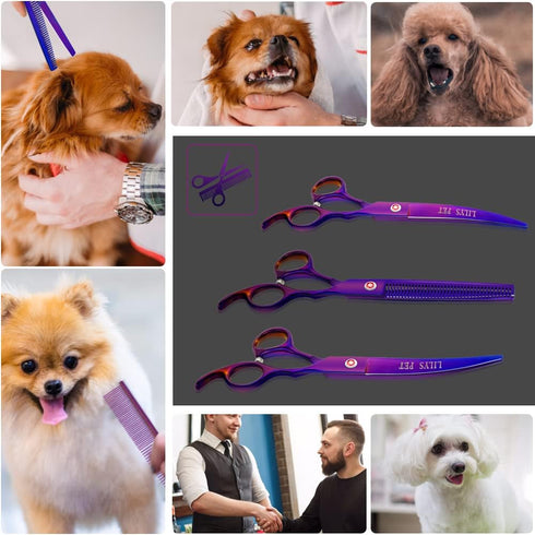 LILYS PET Professional Dog Grooming Coated Titanium Scissors Set - Cutting, Curved & Thinning Shears (8.0 inches,