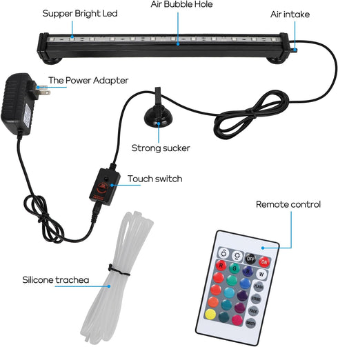 9.05 Inch Submersible Aquarium Light, Fish Tank Light with Air Bubble Hole, RGB Color Changing Remote Control