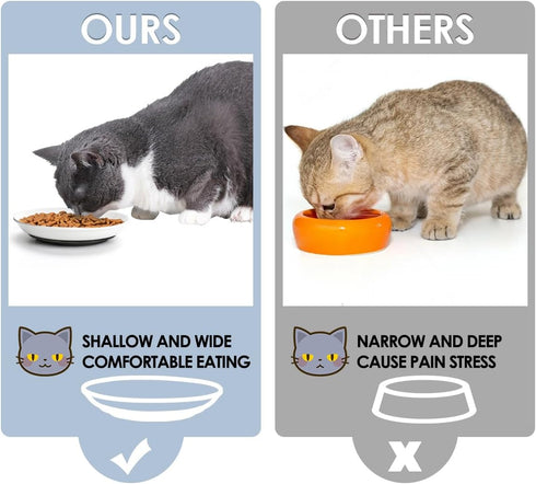 Cat Food Bowl,Healthier Cat Ceramic Bowls for Feeding Indoor Cats with Anti Whisker Fatigue Design,Nonslip Silicone Bottom, Wide Kitten Plates for Food and Water Pack of 3 (Fihsbone)
