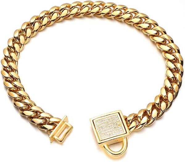 Gold Dog Chain Collar, 10mm Wide Cuban Link Puppy Collar with CZ Diamond Lock for Medium Dogs (14inch)