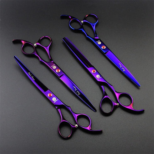 7.0 inch 4PCS Set Purple Dragon Professional Pet Grooming Scissors Kit Japan Premium Steel Straight & Curved & Thinning