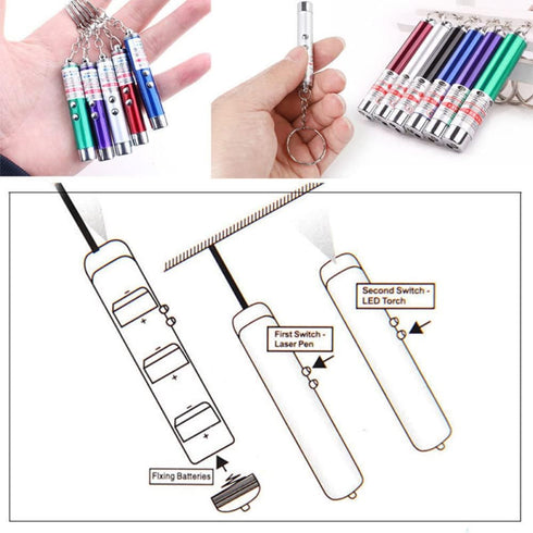6PCS Cat Toy Mini Red Laser Pointer with Keychain - Interactive Training Tools White LED Torch Light