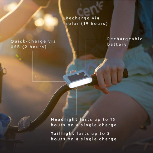 MPOWERD Luci Solar Bike Light Set, Headlight 100 Lumens, Taillight 40 Lumens, Rechargeable Solar or USB