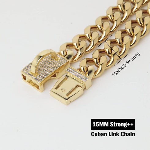 New Gold Dog Chain Collar with Secure Buckle - 15MM Stainless Steel Cuban Link - Luxury Necklace for Small Medium &