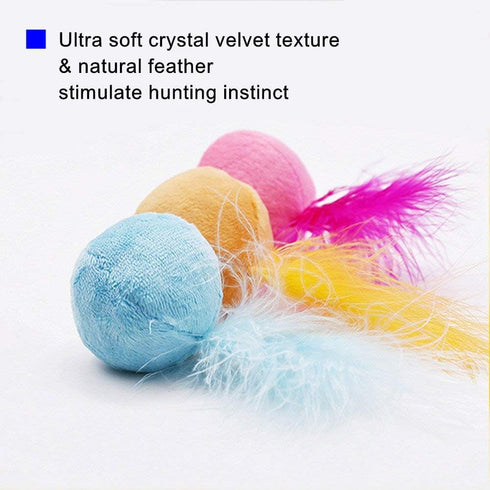 Furry Rattle Ball Cat Toy with Feather and Catnip, Interactive Pom Pom Balls for Cats, 2 Inch, 3 Pack