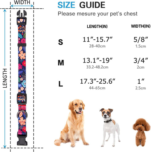 Rhea Rose Dog Collar for Small Dogs, Cute Floral Plant Pattern, Special Design for Female Pets (Black, S)