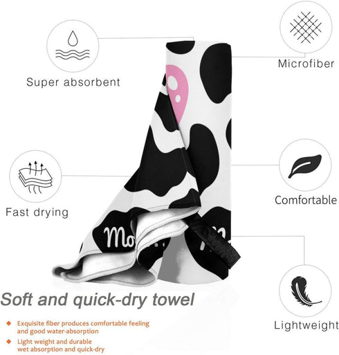 LHBALXQHTY Black White Milk Cow Print Quick Dry Towel with Hanging Loop and Storage Bag for Travel, Gym, Camping