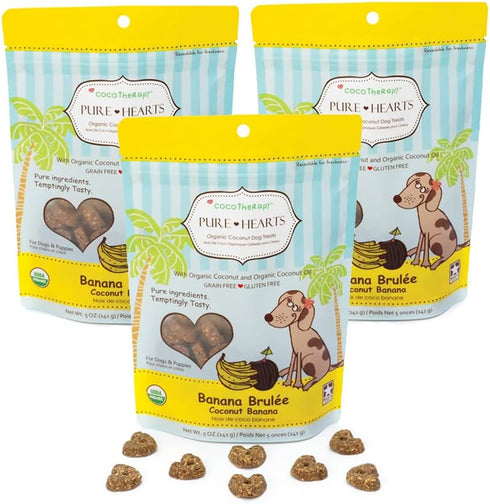 CocoTherapy 3 Pack of Banana Brulee Pure Hearts Coconut Cookies, 5 Ounces Each, Organic Dog Treats Made in USA