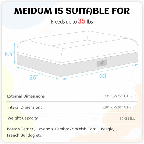 Medium Dark Grey Orthopedic Dog Bed, Washable with Removable Bolster, Waterproof Non-Skid Bottom
