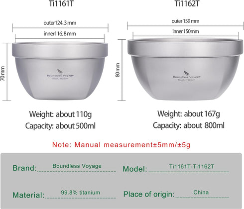 (500ml) Boundless Voyage Titanium Double Walled Bowl - Ultralight Portable Tableware for Oatmeal, Rice, Soup, Yogurt