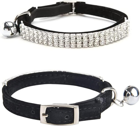 CHUKCHI Soft Velvet Adjustable Cat Collar with Bling Diamante and Bells, 11 inch for Small Dogs & Cats (Black)