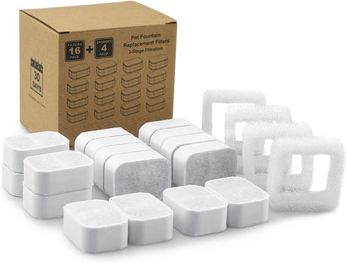 20 Pack Ceramic Cat Water Fountain Replacement Filters - 16 Pet Fountain and 4 Foam Filters for Tritone/Fiumi