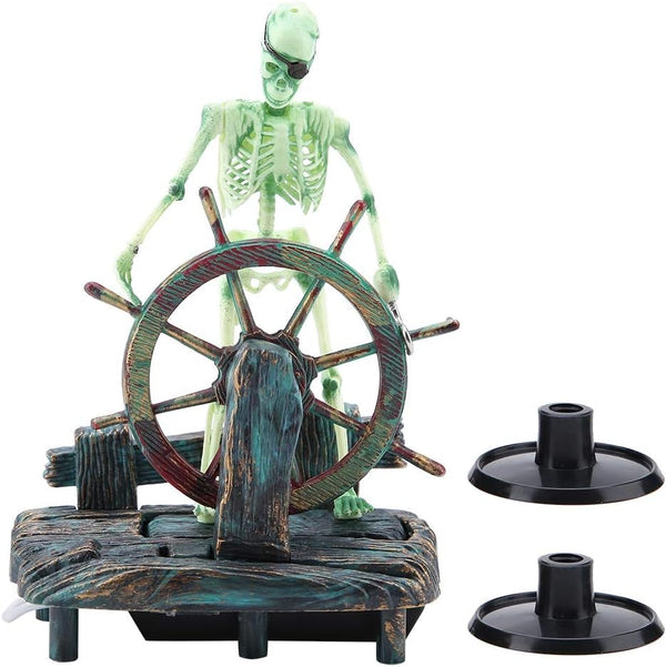 Aquarium Pirate Captain Decoration, Skeleton Ornament for Landscape, Pirate Captain Skeleton on Wheel