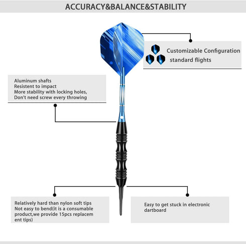 Professional Soft Tip Darts Set - 20 Grams, 30 Darts Plastic Tip, 50 Rubber O-Rings, Aluminum Shafts, 6 Flights,