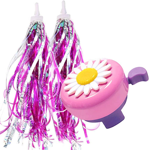 Kids Bike Bell and Streamers - 1 Pack Flower Bicycle Bell with 2 Pack Bike Streamers for Girls' Bike Accessories