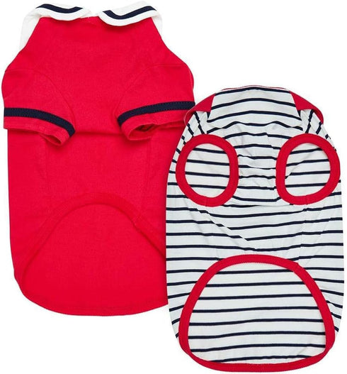 Blueberry Pet Soft & Comfy Summer Vacation Beach Cotton Dog T-Shirts, Cerise Red, 2 Pack, Sailor Suit