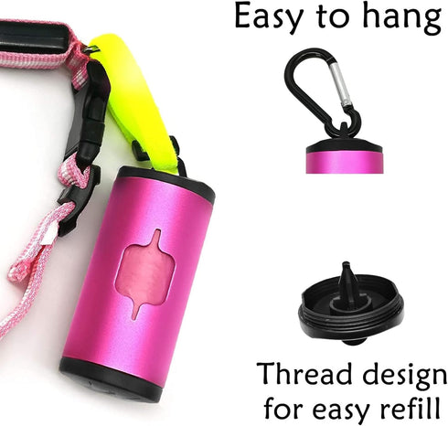 Aluminum Dog Poop Bags Holder with Carabiner, Metal Pet Waste Bags Dispenser with Hook and Loop Fastener, Elastic Cord