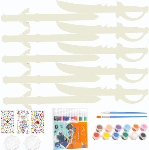 Ninja Pirate Style Wooden Sword Toy, Unfinished Wooden Crafts DIY Painting Set, 5pack for Kids Role Playing Games